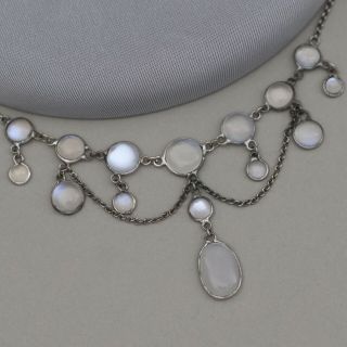 Antique Victorian Edwardian Sterling Silver Moonstone Bezel Set Festoon Necklace