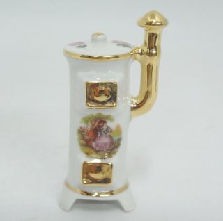 Limoges Miniature Old Fashioned Wood Stove White Porcelain Gold Stovepipe 2.  5 "