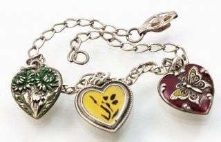Vintage Sterling Enamel Puffy Heart Charm Bracelet Repousse Flower Butterfly