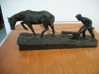 Antique White Metal Spelter Plow Horse And Farmer Statue Clock Topper