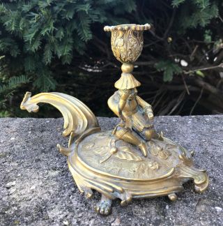 Fantastic Antique 19th C French Rococo Brass Chamber Candlestick W Asian Figure