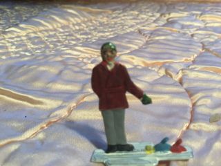 Vintage German Lead Metal Flat Miniatures Toy Winter Scene Man Playing Snow Game