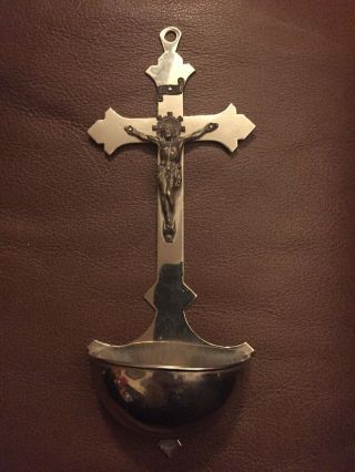 Vintage Catholic Metal Holy Water Font With Jesus Crucifix.  And Rare