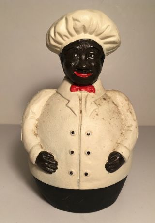Cast Iron Coin Bank Black Americana Smiling Male Chef Baker Cook