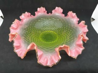 Antique Victorian Rubina Vaseline Art Glass Bride Bowl Diamond Swirl