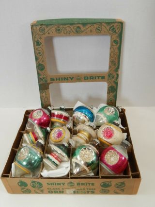 12 Vtg Christmas Ornaments W Box Shiny Brite Mica Indents Flying Saucer Etc