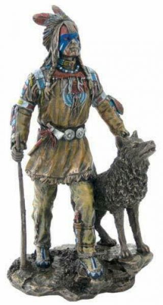 Native American Sculpture Plains Indian W/ Wolf And Rifle Statue Figurine