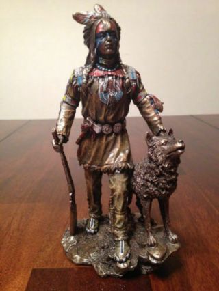 Native American Sculpture Plains Indian w/ Wolf and Rifle Statue Figurine 2