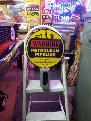 Vintage Warning Petroleum Pipeline Metal Sign W/pole Mount Gas Pump Oil