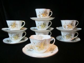Shelley Fine Bone China England Flowers Of Gold 14187 8 Cups & Saucers