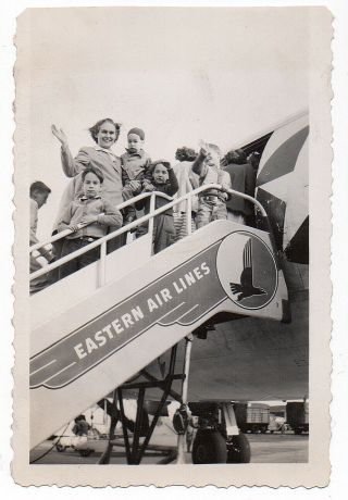 Vintage Photo Snapshot 1950s Mom & 4 Kids Boarding Eastern Air Lines Plane Steps