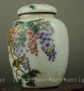 Chinese old famille rose porcelain Hand painted bird and flower Cover pot b02 2