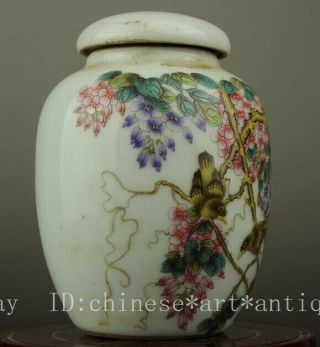 Chinese old famille rose porcelain Hand painted bird and flower Cover pot b02 3