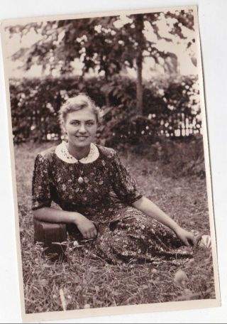 1950s Young Pretty Girl On The Grass Fashion Old Russian Soviet Photo