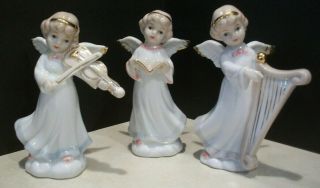 Vintage Set Of 3 Christmas Angels W/instruments Fine Porcelain China Gold Accent