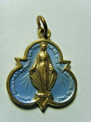 Antique Catholic Faith Religious Golden Blue Miraculous Saint Mary Pendant 50520
