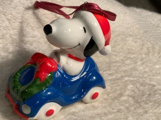 Vintage Snoopy Driving A Car Ceramic Christmas Tree Ornament