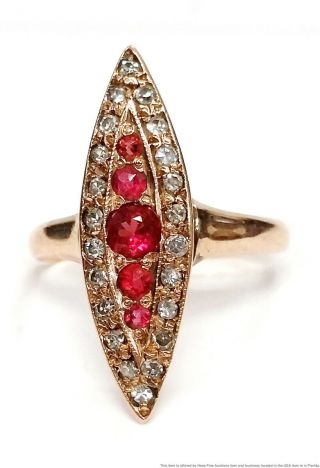 Antique 1910 Era Natural Ruby Diamond 14k Rose Gold Ladies Navette Ring Size 5