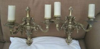 3 Pairs Of Vintage Brass Rococo Style Wall Lights - With Double Sconces& Shades