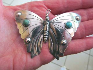 Large Vintage Marked Mexico Sterling Silver Butterfly Brooch Turquoise Stones