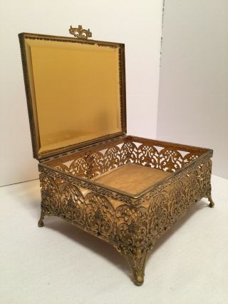 Vintage Regency Gold Gilded Brass Ormolu Jewelry Box Casket Beveled Glass 7”