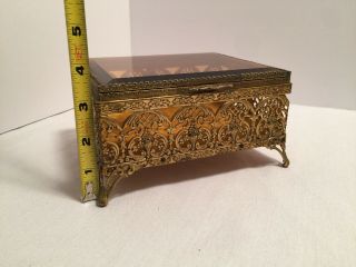 Vintage Regency Gold Gilded Brass Ormolu Jewelry Box Casket Beveled Glass 7” 2