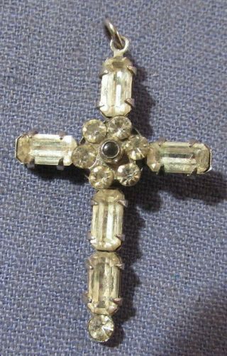 Vintage Sterling Silver & Rhinestones Cross Pendant Stanhope With Lords Prayer