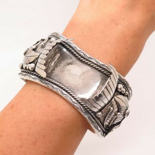 A Edsitty Old Pawn Vintage 925 Sterling Silver Floral Tribal Cuff Watch Bracelet