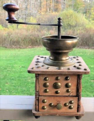 Antique French Brass Studded Wooden Coffee Grinder Mill Cast Iron " Rz "