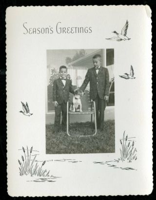 Vintage Merry Christmas Photo Greeting Card Little Boys And Their Beagle Dog