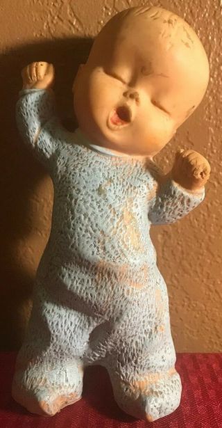 Vintage Rubber Squeak Squeaky Toy Yawning Baby Boy In Blue Pajamas