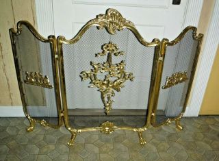 Vtg Brass Trifold Claw Foot French Rococo Fireplace Fire Screen Birds