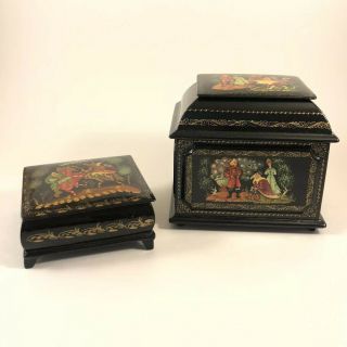 Russian Lacquer Boxes Hand Painted Signed Set Of 2
