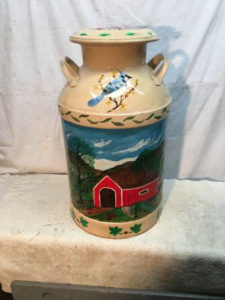 Vintage 10 Gallon Metal Milk Can Tole Painted Pennsyvania Dutch Folk Art