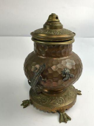 Antique Lizard Fly Hammered Copper & Brass Oil Lamp