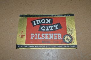 Vintage Pittsburgh Brewing Company Iron City Pilsener Beer Label Pa