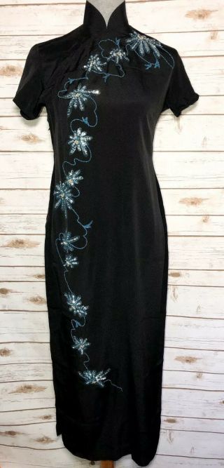 Vintage 1900s Chinese Cheongsam Qipao Black Hand Beaded Floral Embroidered Dress