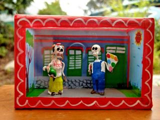 Frida Kahlo & Diego Rivera Painters Mexican Day Of The Dead Shadow Box Diorama