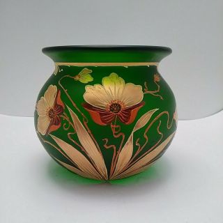 Art Nouveau Frosted Green Glass Vase With Raised Painted Floral Design