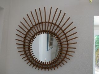 French Vintage Large Sunburst Wicker Rattan Wall Mirror 1960 
