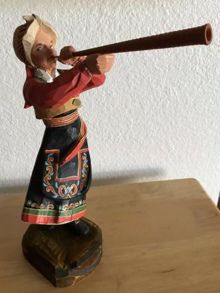 Vtg Norwegian Girl Blowing Horn Henning - Wood Carved Figure 13” From Norway