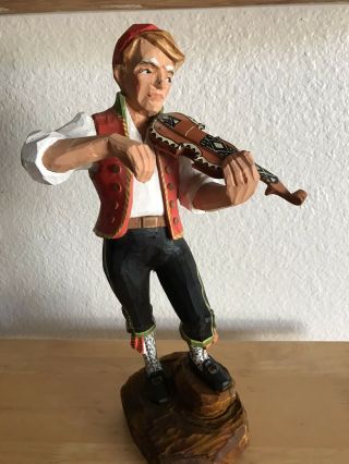 Vtg Norwegian Boy Fiddler Violin Henning - Wood Carved Figure 13” From Norway