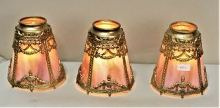 Antique Victorian Mission Arts&crafts Slag Glass Lamp Shades Set Of 3