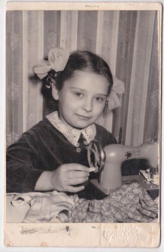 1960s Cute Little Girl With Toy Sewing Machine Fashion Old Soviet Russian Photo