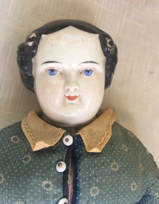 Antique Porcelain Girl Doll Molded Black Hair,  High Brow - 18 Inches