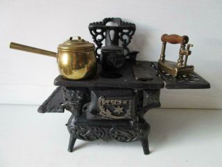 Antique Crescent Cast Iron Miniature Stove Range - Doll House Salesmans 