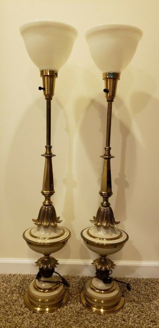 Vintage Stiffel Torchier Table Lamps - Brass Milk Glass Hollywood Regency