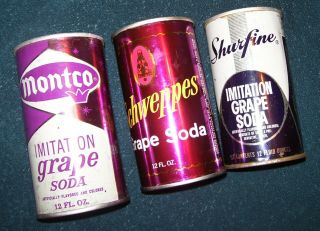 3 Vintage Grape Soda Can Schweppes Montco Shurfine Straight Steel Pop Cans