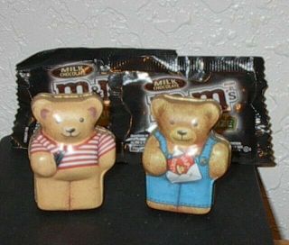 Vintage 2 Shaped Teddy Bear Christmas Tin Candy Containers With M&m Treats