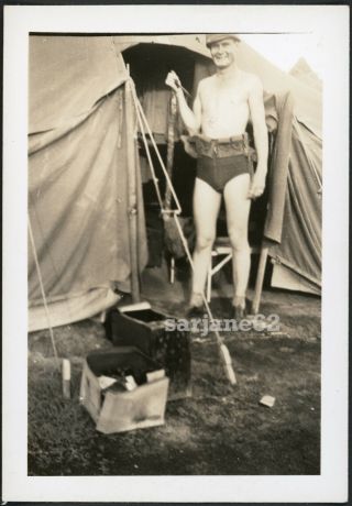 Shirtless Gi Man In Tight Speedo Swimsuit Knife In Hand Vintage Photo Gay Int